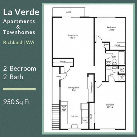 Floor plan for 2 beds, 2 baths, 950 sqft